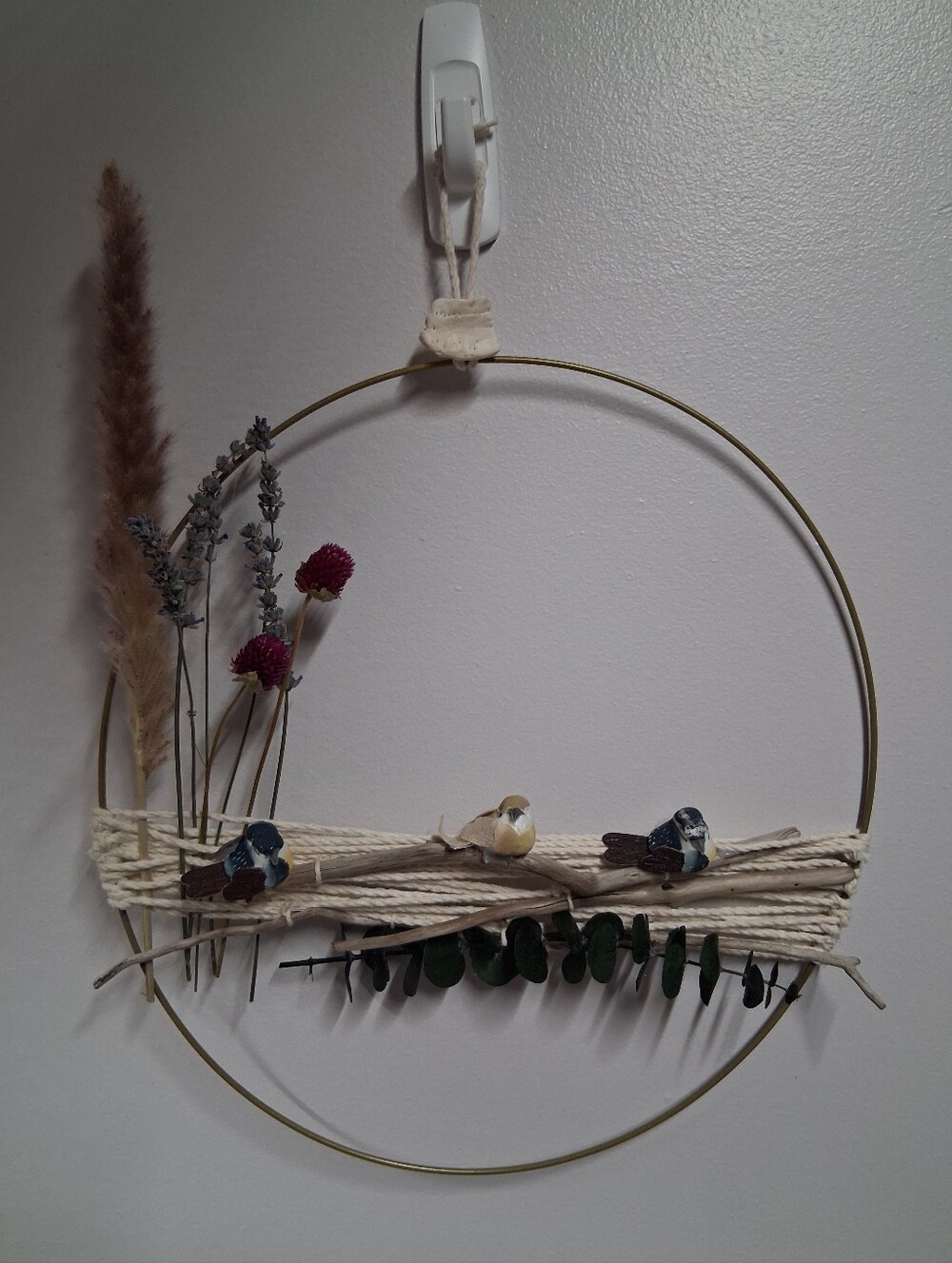 Handmade Boho Gold Hoop Wreath Dried Lavender Pampas Grass Driftwood Birds Decor